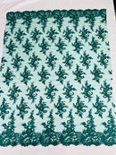 Lace Flower Cluster Fabric - Turquoise - Embroidered Flower With Sequins on a Mesh Lace Fabric By Yard