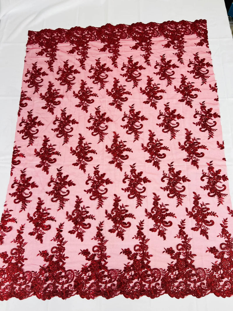 Lace Flower Cluster Fabric - Burgundy - Embroidered Flower With Sequins on a Mesh Lace Fabric By Yard