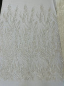 Wavy Plant Lines Bead Fabric - Off-White - Embroidered Beaded Wedding Bridal Fabric Sold By The Yard
