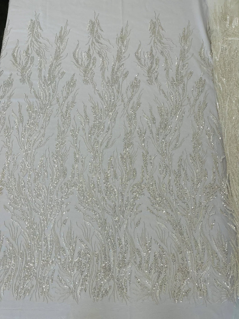 Wavy Plant Lines Bead Fabric - Off-White - Embroidered Beaded Wedding Bridal Fabric Sold By The Yard
