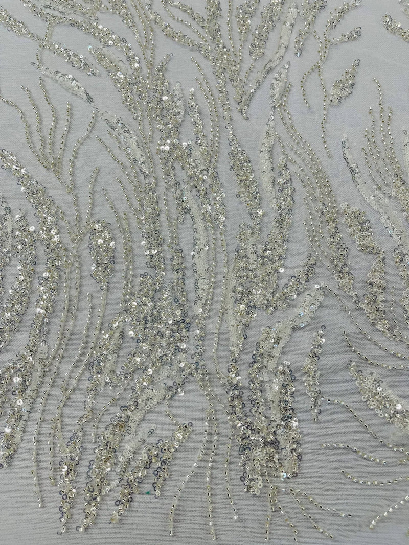 Wavy Plant Lines Bead Fabric - Off-White - Embroidered Beaded Wedding Bridal Fabric Sold By The Yard