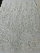 Wavy Plant Lines Bead Fabric - Off-White - Embroidered Beaded Wedding Bridal Fabric Sold By The Yard