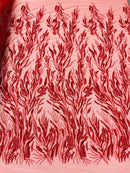 Wavy Plant Lines Bead Fabric - Red - Embroidered Beaded Wedding Bridal Fabric Sold By The Yard