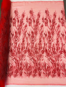 Wavy Plant Lines Bead Fabric - Red - Embroidered Beaded Wedding Bridal Fabric Sold By The Yard