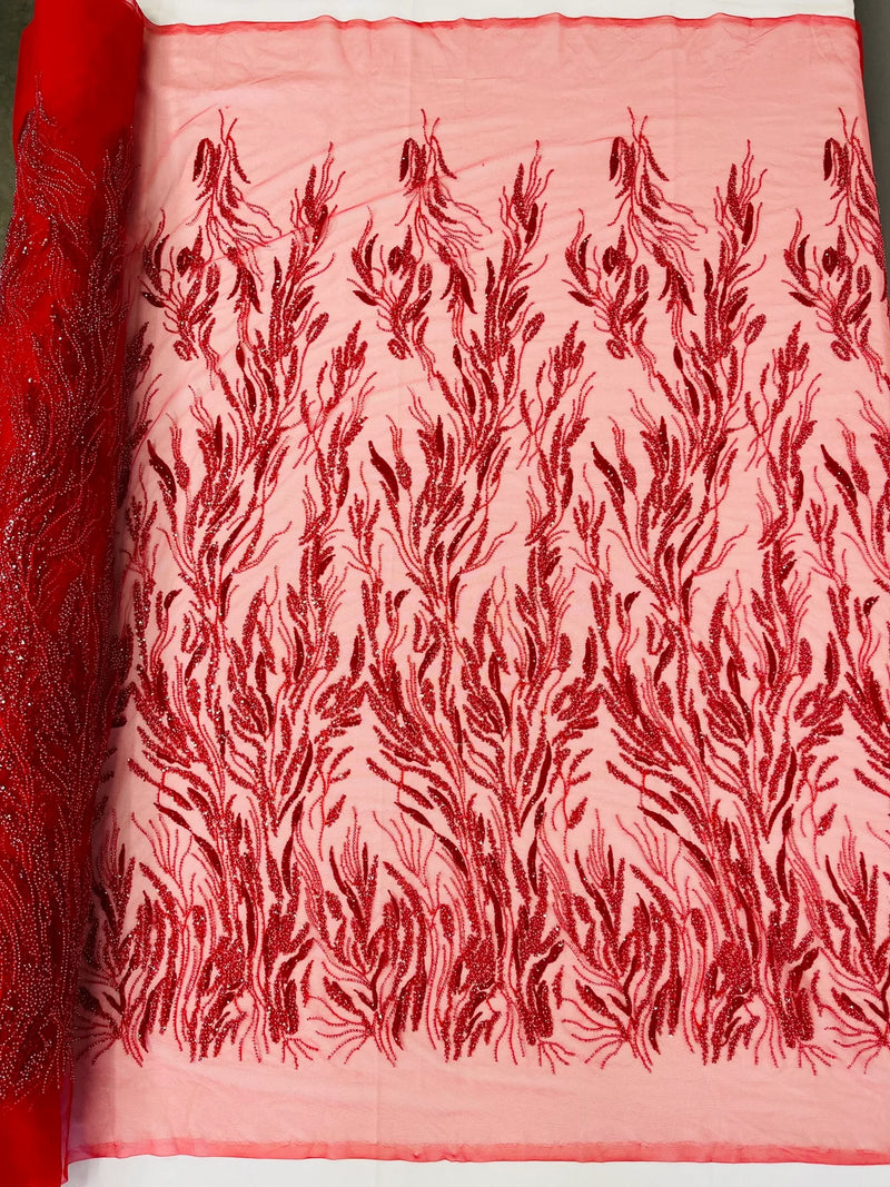 Wavy Plant Lines Bead Fabric - Red - Embroidered Beaded Wedding Bridal Fabric Sold By The Yard