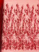 Wavy Plant Lines Bead Fabric - Red - Embroidered Beaded Wedding Bridal Fabric Sold By The Yard