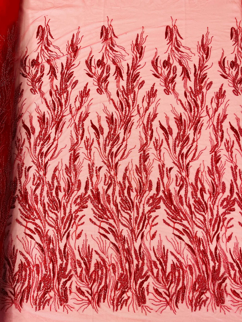 Wavy Plant Lines Bead Fabric - Red - Embroidered Beaded Wedding Bridal Fabric Sold By The Yard