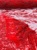 Wavy Plant Lines Bead Fabric - Red - Embroidered Beaded Wedding Bridal Fabric Sold By The Yard