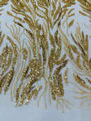Wavy Plant Lines Bead Fabric - Gold - Embroidered Beaded Wedding Bridal Fabric Sold By The Yard