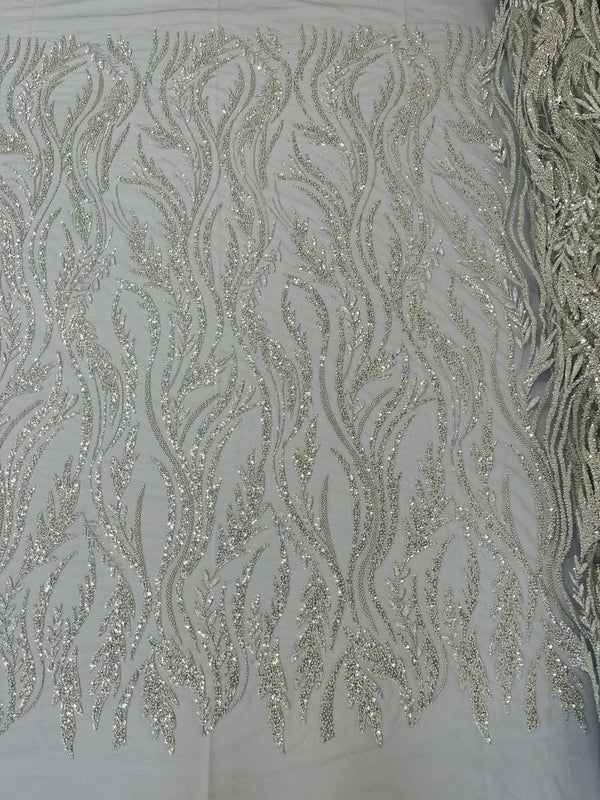 Wavy Lines with Leaf Pattern Beads Fabric - Silver - Embroidered Beaded Wedding Bridal Fabric By The Yard