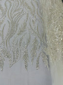 Wavy Lines with Leaf Pattern Beads Fabric - Off-White - Embroidered Beaded Wedding Bridal Fabric By The Yard
