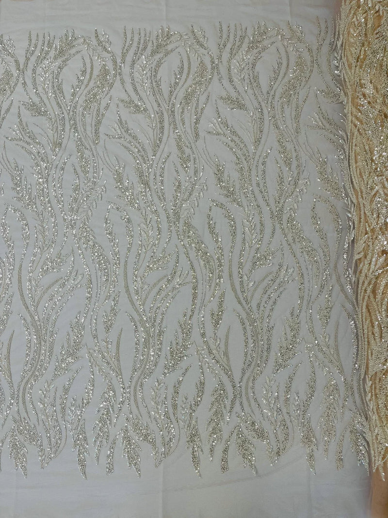 Wavy Lines with Leaf Pattern Beads Fabric - Nude  - Embroidered Beaded Wedding Bridal Fabric By The Yard