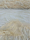 Wavy Lines with Leaf Pattern Beads Fabric - Nude  - Embroidered Beaded Wedding Bridal Fabric By The Yard