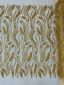 Wavy Lines with Leaf Pattern Beads Fabric - Gold - Embroidered Beaded Wedding Bridal Fabric By The Yard