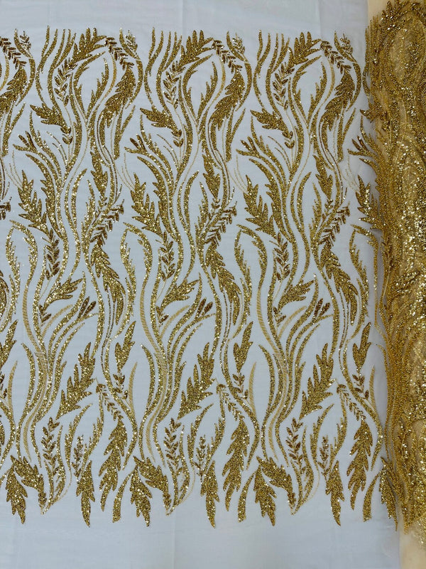 Wavy Lines with Leaf Pattern Beads Fabric - Gold - Embroidered Beaded Wedding Bridal Fabric By The Yard