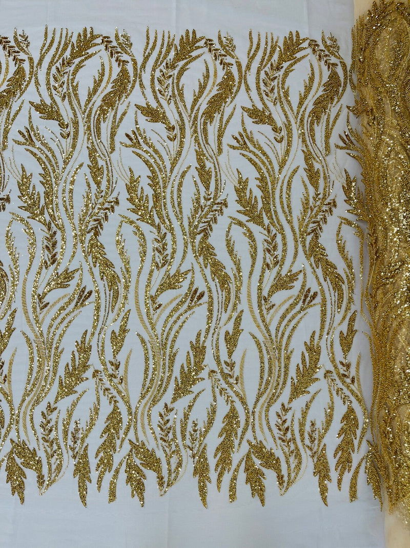 Wavy Lines with Leaf Pattern Beads Fabric - Gold - Embroidered Beaded Wedding Bridal Fabric By The Yard