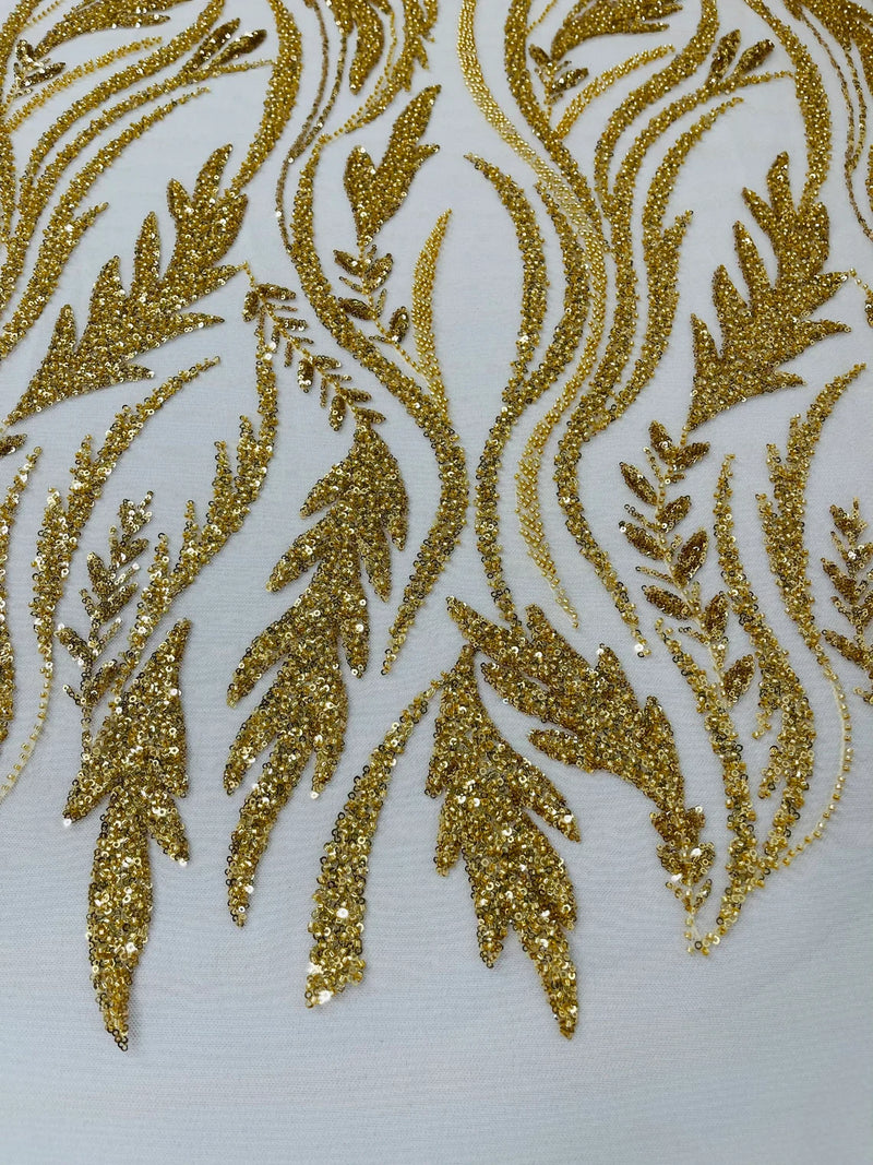 Wavy Lines with Leaf Pattern Beads Fabric - Gold - Embroidered Beaded Wedding Bridal Fabric By The Yard
