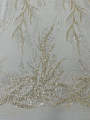 Leaf Pattern Lines Beaded Fabric - Nude - Embroidered Line Beaded Wedding Bridal Fabric Sold By The Yard
