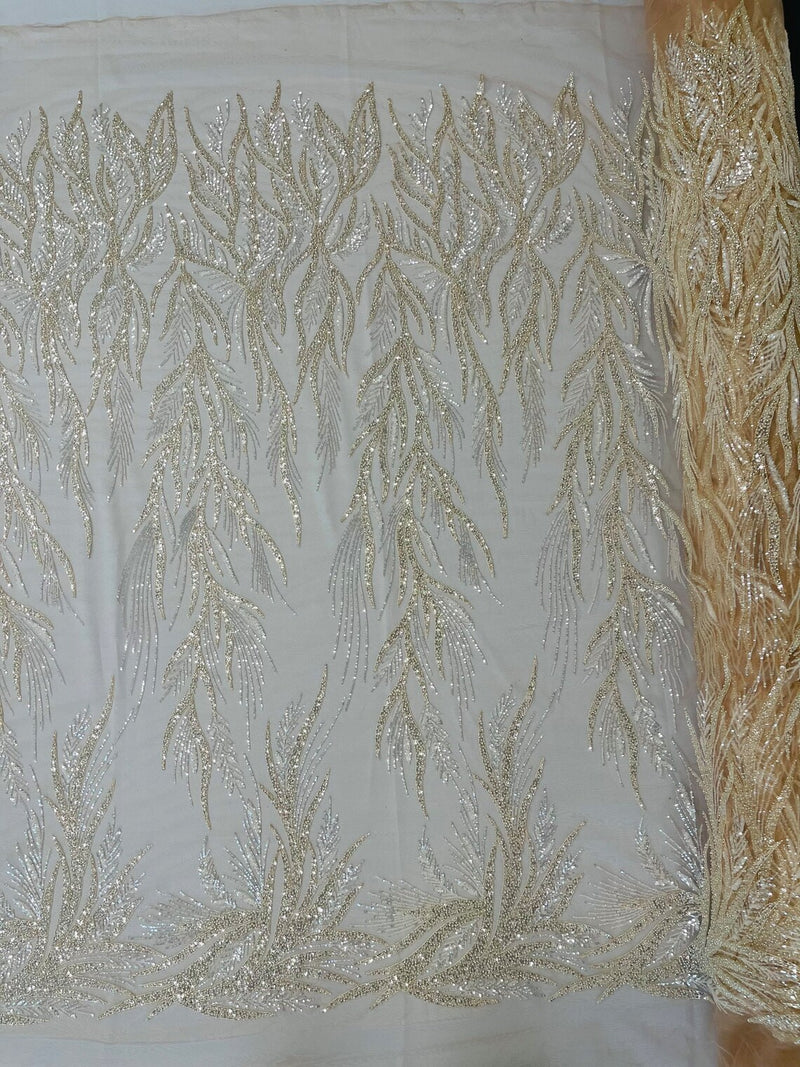 Leaf Pattern Lines Beaded Fabric - Nude - Embroidered Line Beaded Wedding Bridal Fabric Sold By The Yard