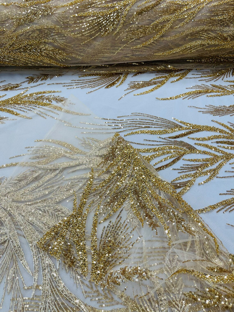 Leaf Pattern Lines Beaded Fabric - Gold - Embroidered Line Beaded Wedding Bridal Fabric Sold By The Yard