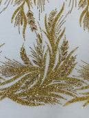 Leaf Pattern Lines Beaded Fabric - Gold - Embroidered Line Beaded Wedding Bridal Fabric Sold By The Yard