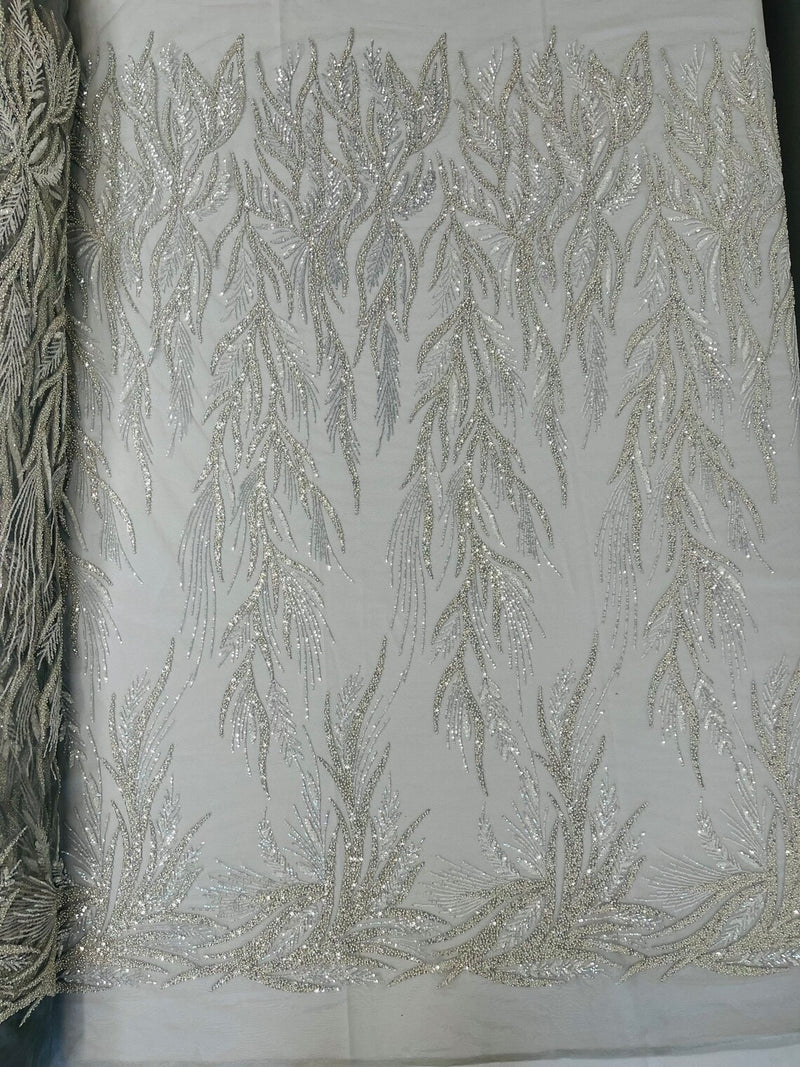 Leaf Pattern Lines Beaded Fabric - Silver - Embroidered Line Beaded Wedding Bridal Fabric Sold By The Yard