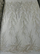 Leaf Pattern Lines Beaded Fabric - Silver - Embroidered Line Beaded Wedding Bridal Fabric Sold By The Yard