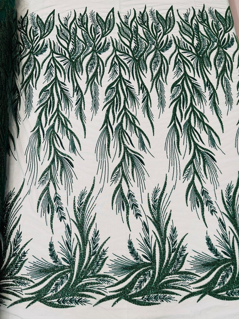 Leaf Pattern Lines Beaded Fabric - Hunter Green - Embroidered Line Beaded Wedding Bridal Fabric Sold By The Yard