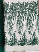 Leaf Pattern Lines Beaded Fabric - Hunter Green - Embroidered Line Beaded Wedding Bridal Fabric Sold By The Yard