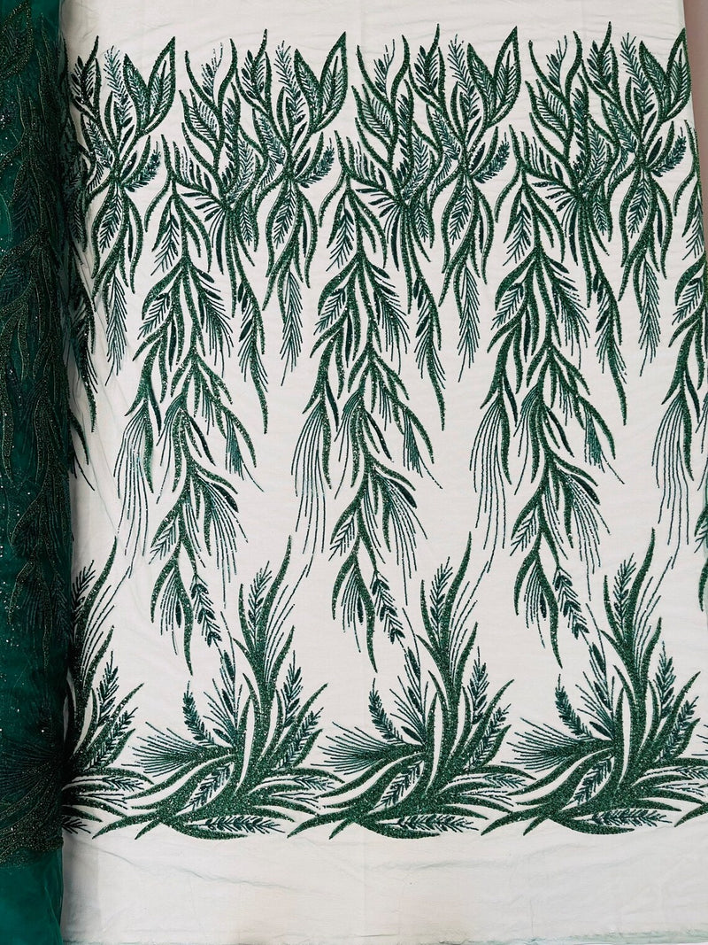Leaf Pattern Lines Beaded Fabric - Hunter Green - Embroidered Line Beaded Wedding Bridal Fabric Sold By The Yard