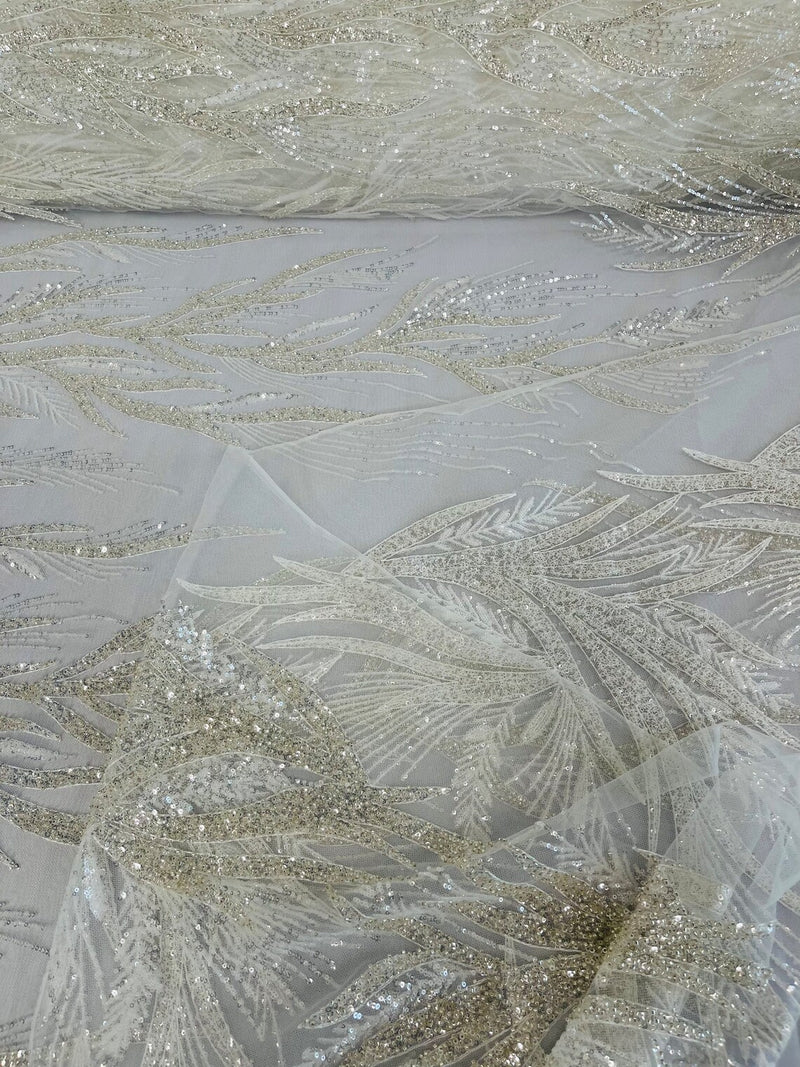 Leaf Pattern Lines Beaded Fabric - Off White - Embroidered Line Beaded Wedding Bridal Fabric Sold By The Yard