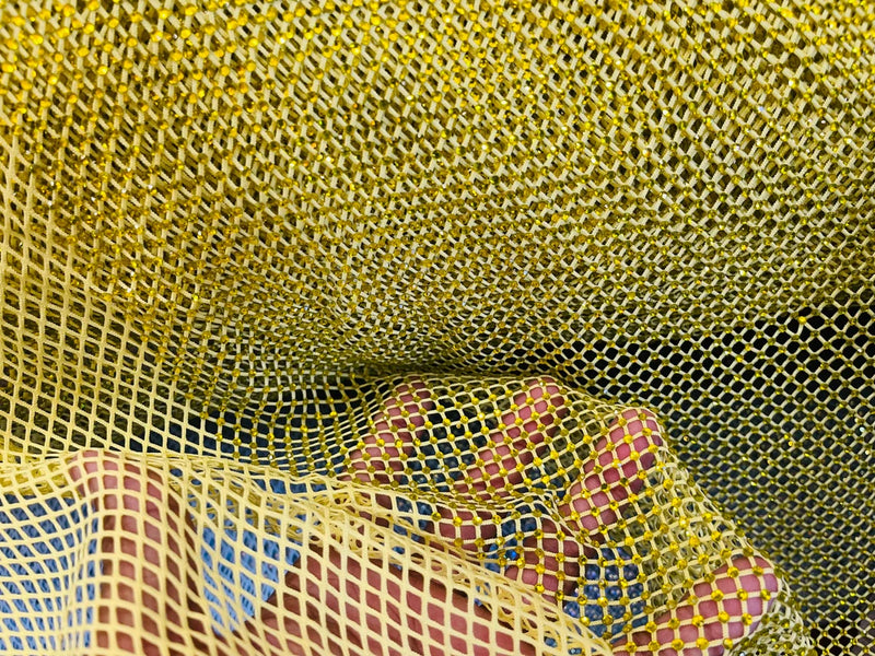 Fish Net Spandex Rhinestone Fabric - Yellow - Solid Spandex Fish Net Design Fabric with Rhinestones by Yard