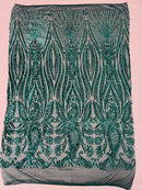 Paisley Sequin Fabric - Teal Green - Line Pattern 4 Way Stretch Elegant Fabric By The Yard