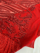 Paisley Sequin Fabric - Red - Line Pattern 4 Way Stretch Elegant Fabric By The Yard