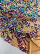 Paisley Sequin Fabric - Iridescent Purple on Skin - Line Pattern 4 Way Stretch Elegant Fabric By The Yard