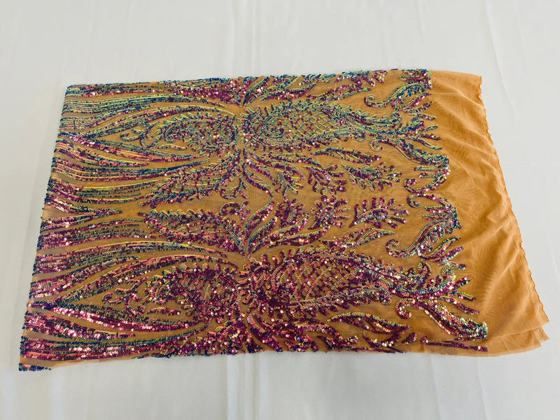 Paisley Sequin Fabric - Iridescent Purple on Skin - Line Pattern 4 Way Stretch Elegant Fabric By The Yard