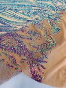 Paisley Sequin Fabric - Iridescent Purple on Skin - Line Pattern 4 Way Stretch Elegant Fabric By The Yard