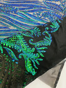 Paisley Sequin Fabric - Green Mermaid - Line Pattern 4 Way Stretch Elegant Fabric By The Yard