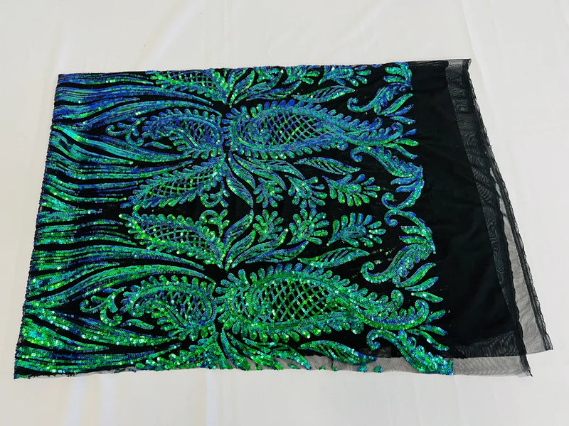 Paisley Sequin Fabric - Green Mermaid - Line Pattern 4 Way Stretch Elegant Fabric By The Yard