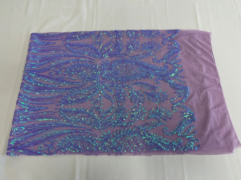 Paisley Sequin Fabric - Iridescent Lilac - Line Pattern 4 Way Stretch Elegant Fabric By The Yard