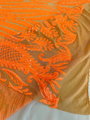 Paisley Sequin Fabric - Holographic Orange - Line Pattern 4 Way Stretch Elegant Fabric By The Yard