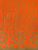 Paisley Sequin Fabric - Holographic Orange - Line Pattern 4 Way Stretch Elegant Fabric By The Yard