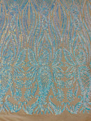 Paisley Sequin Fabric - Aqua / Blue - Line Pattern 4 Way Stretch Elegant Fabric By The Yard