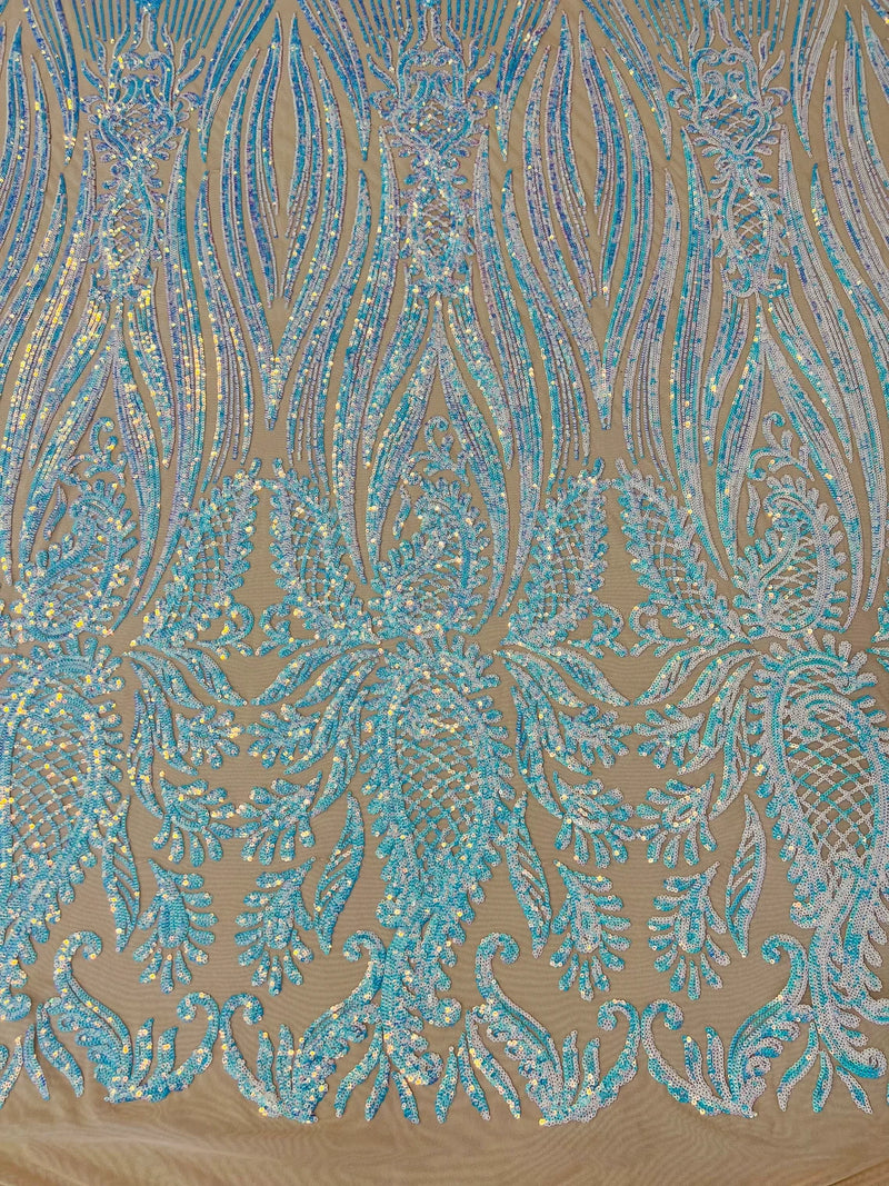 Paisley Sequin Fabric - Aqua / Blue - Line Pattern 4 Way Stretch Elegant Fabric By The Yard