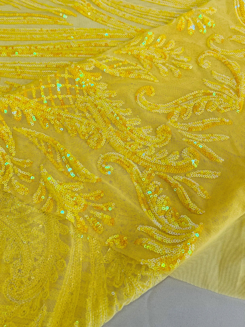Paisley Sequin Fabric - Iridescent Yellow - Line Pattern 4 Way Stretch Elegant Fabric By The Yard