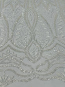 Beaded Pattern Fabric - Silver - Embroidered Fancy Beads Pattern On Mesh Fabric Sold By Yard