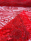 Beaded Pattern Fabric - Red - Embroidered Fancy Beads Pattern On Mesh Fabric Sold By Yard
