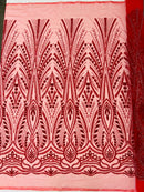 Beaded Pattern Fabric - Red - Embroidered Fancy Beads Pattern On Mesh Fabric Sold By Yard