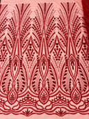 Beaded Pattern Fabric - Red - Embroidered Fancy Beads Pattern On Mesh Fabric Sold By Yard