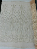 Beaded Pattern Fabric - Clear - Embroidered Fancy Beads Pattern On Mesh Fabric Sold By Yard